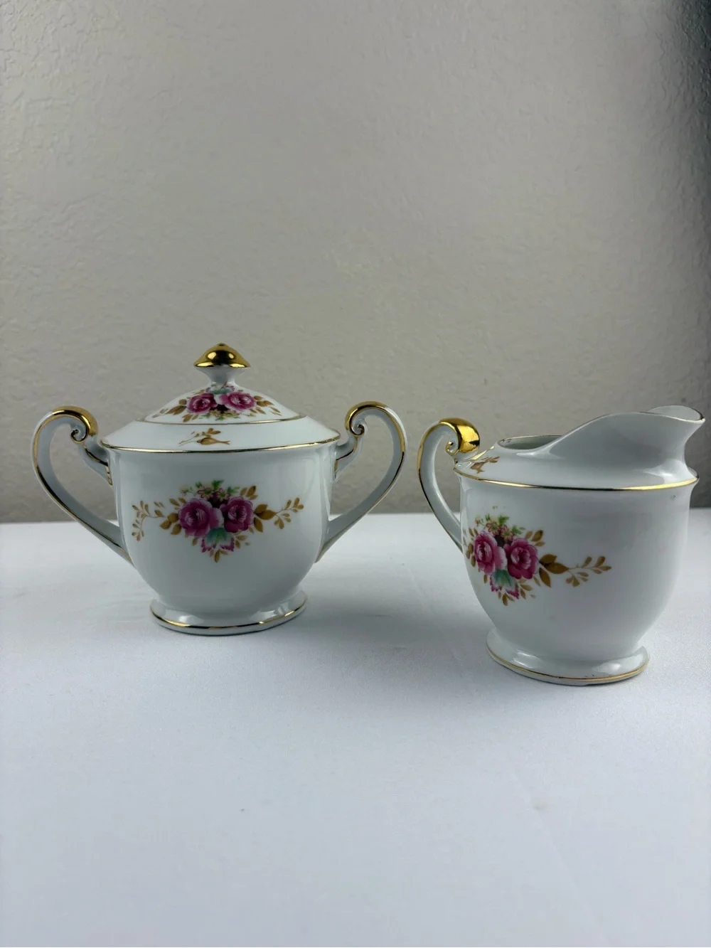 Vintage Saji “Moss Rose” Sugar Bowl with Lid, and Creamer Set